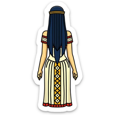 back view of Anunnaki goddess Inanna with straight long black hair and ancient Sumerian symbols embroidered on her ceremonial dress sticker