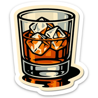 whiskey glass with several ice cubes, retro stickers style, sharp black outlines, expressive shadows and highlights, no gradients, only sharp color transitions, reflection on the table sticker