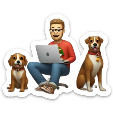 developer on a beach with a macbook and 2 dogs and santa's raindeers sticker