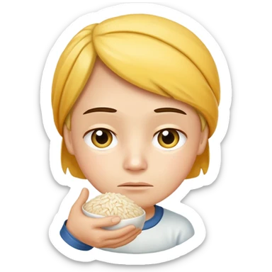 caring yellow face holding rice, gently frowning with worry — as if it wants to take care of you. sticker