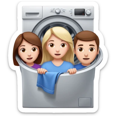 Eine Frau die in der Waschmaschine feststeckt und zwei männer die ihr helfen sticker