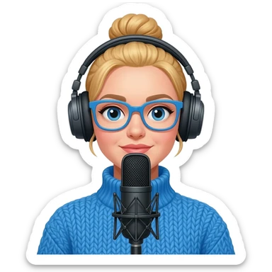 a girl with blue knitwear with a blonde hair
bun, blue glasses and her job is a podcaster (condenser microphone in front of her face and a headphone in her head) sticker