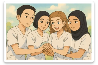 Four nursing students inspired by the faces in the reference photos, wearing white short-sleeve uniforms, arms and hands well drawn, no stethoscope, helping each other, in bright ambiance, pastel background. Natural and expressive hands. sticker