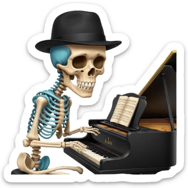 a human skeleton in anatomical proportion wears a black hat and plays the piano sticker