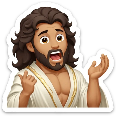 Cinematic Realistic Hercules Portrait, head tilted slightly with a dramatic, wide-open yawn, capturing a moment of relaxed vulnerability in this Disney-inspired Greek hero reminiscent of Michelangelo's David. His idealized bronze skin and thick, wavy dark hair maintain sculptural perfection even in repose, while his flowing white robe with understated golden accents softly catches ambient light, revealing a tender glimpse of serene, timeless strength. sticker