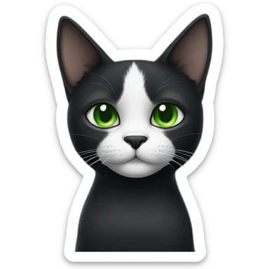 A black cat with green eyes with a white mustache, a white stripe on its nose, a full-length white breast and white paws sticker