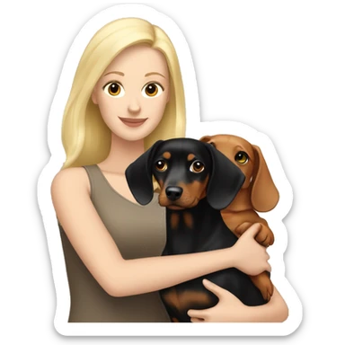 Blonde white woman and Brunette white woman holding black and tan dachshund sticker