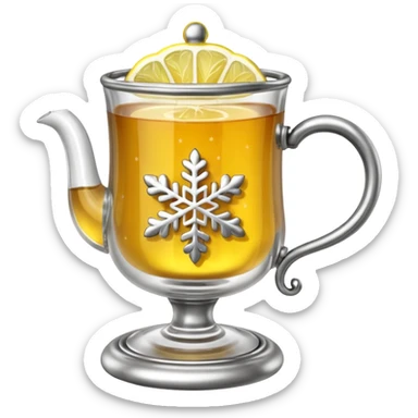 3D emoji of a traditional
Russian tea glass in an ornate silver metal holder (podstakannik). Hot tea with a lemon slice, visible steam forming a small snowflake shape. High-end glossy 3D
 sticker