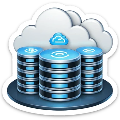 An icon featuring a database server, stacked data disks, and a cloud symbol, representing databases. The design includes binary code, a data structure diagram, and network connections, symbolizing data storage, management, and organization. Transparent background sticker