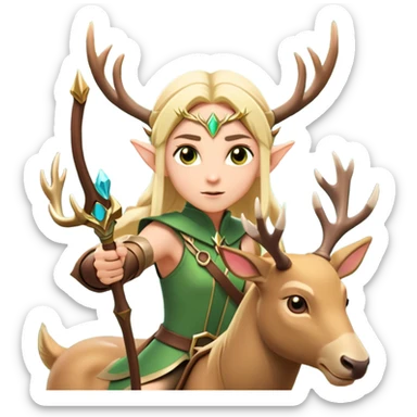 clash-of-clans-aesthetic-blond-elf-archer-portrait-emoji, rendered in a flat, vector-style with minimal shading and bold, simplified shapes, head tilted slightly forward with a determined, focused expression, riding a majestic stag whose luminous antlers glow with mystical energy, set against an ancient, enchanted forest backdrop. sticker