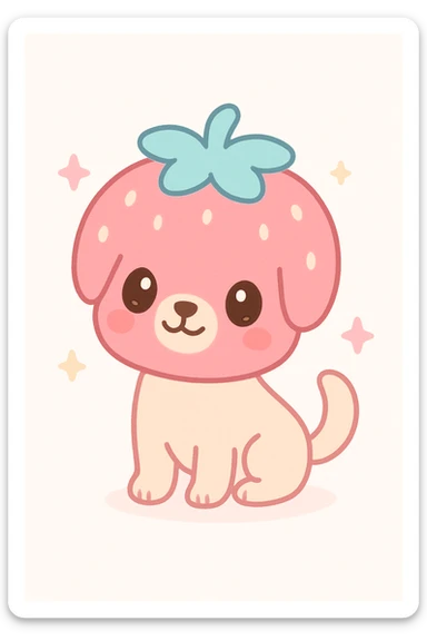 strawberry dog with dog body and strawberry as head, big eyes, adorable expression, kawaii style, minimal background sticker