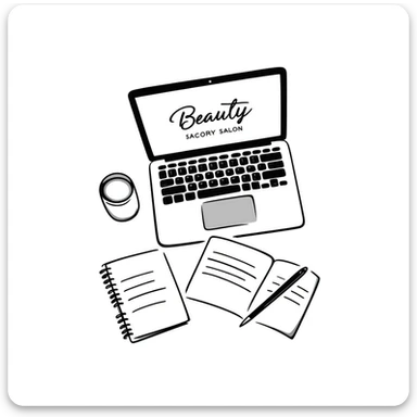 top view of a MacBook with a beauty salon logo on the screen, a notebook with one page filled with notes, and a pen laying on the notebook sticker