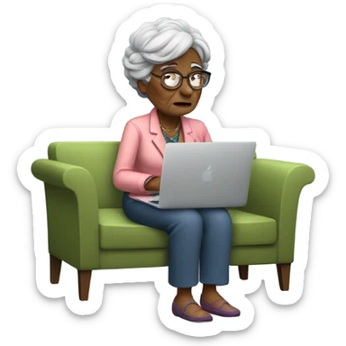 Grandma sitting on the sofa with MacBook, smoking a cigarette and looking in the laptop with a dissatisfaction sticker