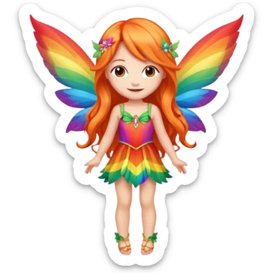 fairy with long orange hair, rainbow wings, red dress, happy, chibi full body sticker