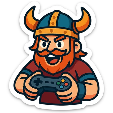 viking gamer, modern cartoon style, detailed helmet, game controller, energetic expression sticker