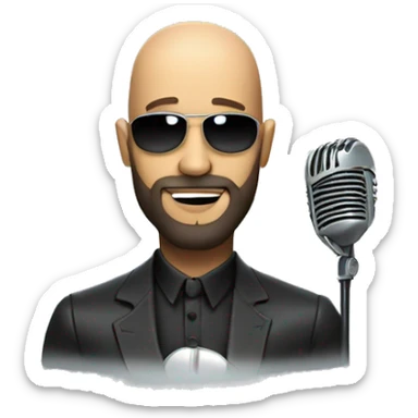 a head of a bald brazilian man with a beard, wering a futuristic suit, singer sticker