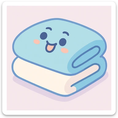 pastel white and blue blanket, folded neatly, soft and cozy, gentle pastel illustration style sticker