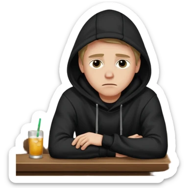 Caucasian in black hoodie coat sitting sad at bar leaning on arm sticker