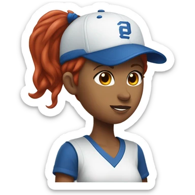 front facing, standing female coach with long red hair, wearing a white t-shirt and a simple blue baseball hat sticker