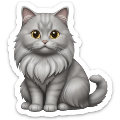 A 3D cartoon silver-gray British Longhair cat with flowing fur and soft reflections, calm sitting pose, Memoji-style rendering. full body or half body. sticker