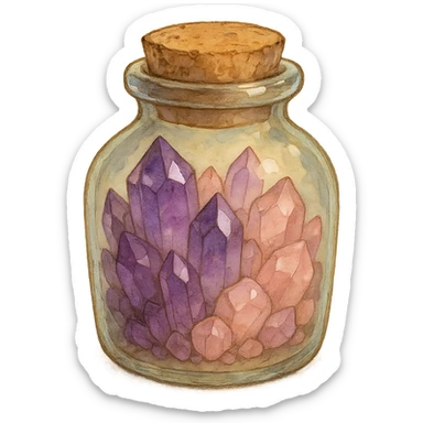 amethyst and rose quartz crystal pieces in a jar, natural colors, soft, fairy-like atmosphere, no background, square size sticker
