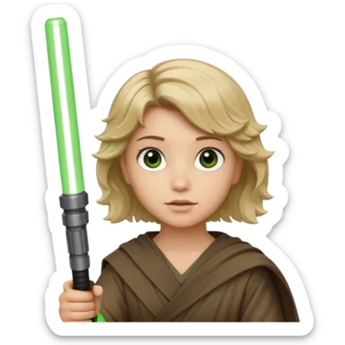 Young jedi with sandy blonde wavy short hair holding a green light saber. With brown eyes sticker