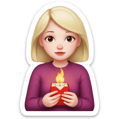 A fragile girl sitting beside a wall, clutching a box of matches, lighting one to warm her cold rosy cheeks.
 sticker