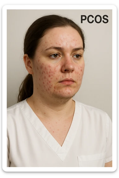 very realistic 3D medical image of a woman with PCOS showing acne on face and hair under chin, clinical details, neutral background, medical appearance, aspect ratio 2:3 sticker