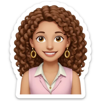 mujer un poco morena (no demasiado), pelo rizado largo, sonriendo, con ojos grandes y marrones con camisa rosa palo y un chaleco blanco y aretes dorados en forma de circulo en sus orejas  sticker