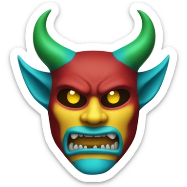 Face: Yellow
Demon Mask: Maroon
Horns: Blue
Mouth: Red
Demon Eyes: Cyan
Regular Eyes: Green sticker