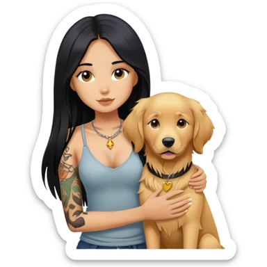 girl with long black  straight hair and chest tattoos and  a golden retriever sticker