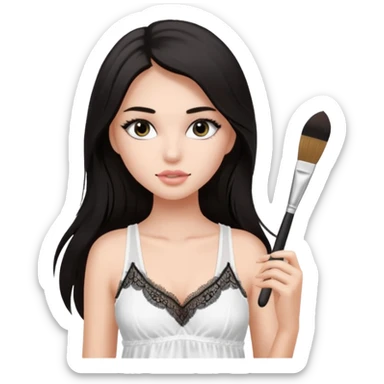 Dark long hair girl wearing white victorias secret sleepwear that looks like a tank top with lace is holding a normal makeup brush. sticker