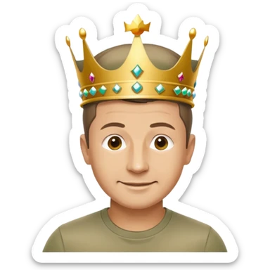 Happy Vladimir Zelensky in a T-shirt and a khaki shirt with a crown on his head sticker