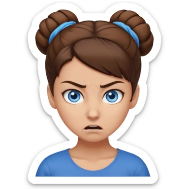 Girl with blue eyes, brown hair in a brown bun, no bangs, angry sticker