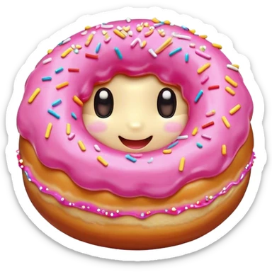 Cinematic tiny happy donut, round and fluffy, golden brown with pink icing and sprinkles, tiny adorable face with blushing cheeks, warm glowing background. sticker