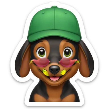 Black Dachshund in Green Cap in iOS 18 Emoji Style sticker