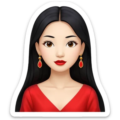 30 yr old asian woman, center part straight long black hair, very pretty, fancy dress, earings, red lipstick sticker