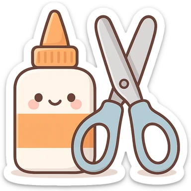 bottle of glue with orange label and tip and a pair of blue scissors, flat toon vector illustration, kawaii minimal sticker