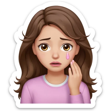 girl with wavy long brown hair, brown eyes, light to medium complexion, long lashes, light pink lipstick, wearing light pink shirt, weeping big big tears sticker