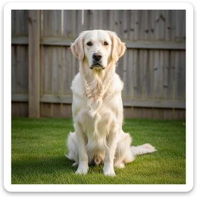 adult english cream golden retriever sitting on grass, facing camera, fence in the background sticker