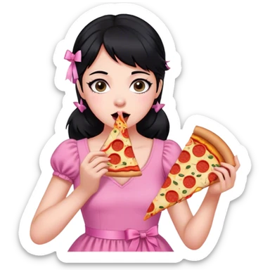 girl with black hair wearing pink and ribbons eating pizza sticker