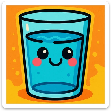 cartoon style glass of water with a smiling face sticker
