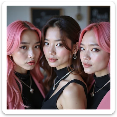 photorealistic close-up of Blackpink members, fashionable K-pop style, pink and black accents sticker