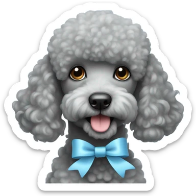 Gray poodle with a cute light blue ribbon on ears and  sticker