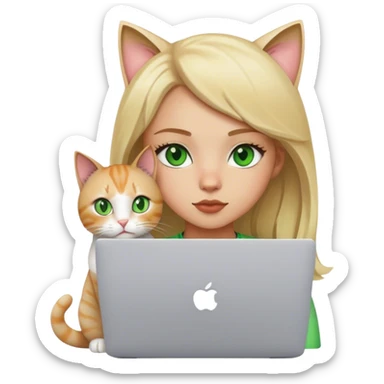 Blonde girl green eyes with apple MacBook and a cat sticker