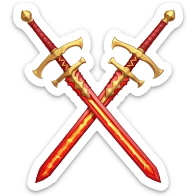 Two crossed swords that are golden in blade and handle and have fiery and royal appearence to them as well as red gem stones sticker