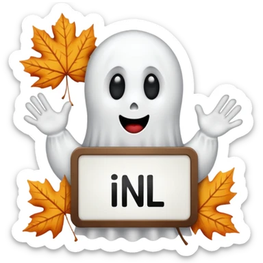 Cartoon ghost holding a sign that says “episode” in black uppercase letters. The ghost should be white and the board should be white with fall leaves around the boarder  sticker