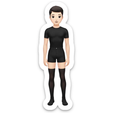 Male in his 20s, clean shaven, feminine look, wearing black thigh highs, black crops, black feminine shorts, is a femboy.   sticker