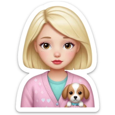 “Emoji girl, dewy skin, flushed blush across cheeks and nose, glossy cherry lips, soft puppy eyeliner, slightly teary sparkling eyes, wearing pastel cardigan.” sticker