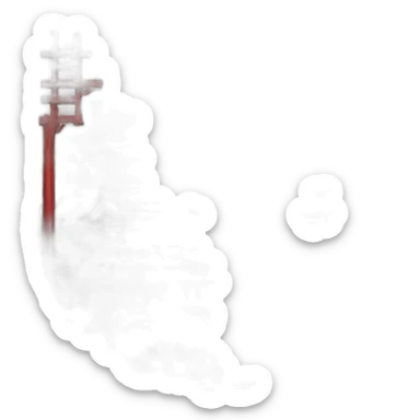 Small Japanese house with a blue tiled roof and a torii gate on an island a lake with two mountains behind it sticker